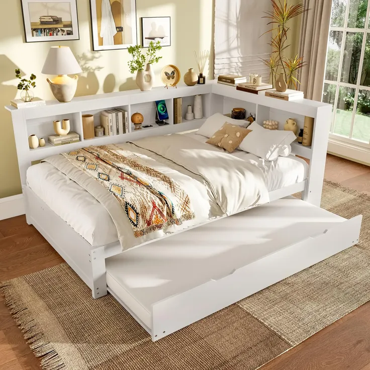 Holzbett mit Gästebett, Lattenrost und Regal, 140x200 cm, Doppelbett mit USB Anschlüssen und Steckdosen
