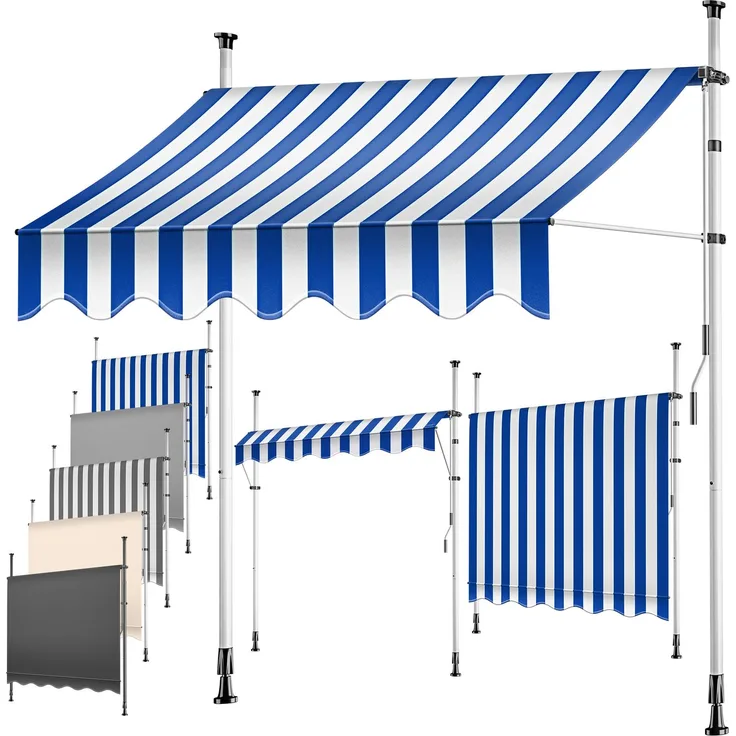 KESSER® Klemmmarkise mit Handkurbel Balkon, Balkonmarkise ohne Bohren, UV-beständig höhenverstellbar wasserabweisend , Sonnenschutz, Terrassenüberdachung , einfache Montage 250cm, Blau-Weiß