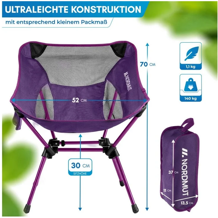 Nordmut Campingstuhl faltbar ultraleicht, klappbar leicht, Camping Outdoor, Angeln (Spar-Set, 1 St), kleines Packmaß, 140 kg belastbar, Aluminium, bequem, Trekking, Strand – Bild 2