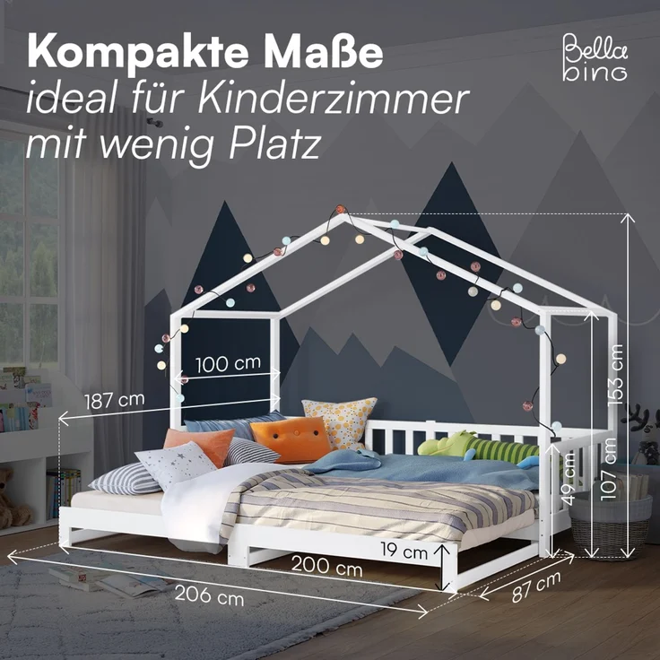 Bellabino 'Bia' Hausbett 90x200 cm/180x200 cm mit 2x 90x200 cm Matratze, weiß, Kiefer Massivholz, Bodenbett in Hausoptik, ausziehbares Kinderbett mit Lattenrost – Bild 9