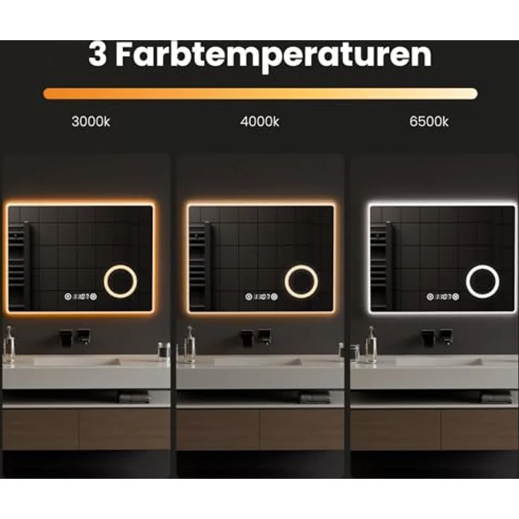 EMKE LED Badspiegel 80x60cm Uhr Beschlagfrei Kaltweißes Licht 3-fache Vergrößerung Touch – Bild 3