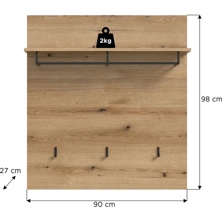 Garderobenpaneel >Scout< 3 Haken, Ablage, Stange, Evoke Eiche Dekor - 90x98x27cm (BxHxT) – Bild 3