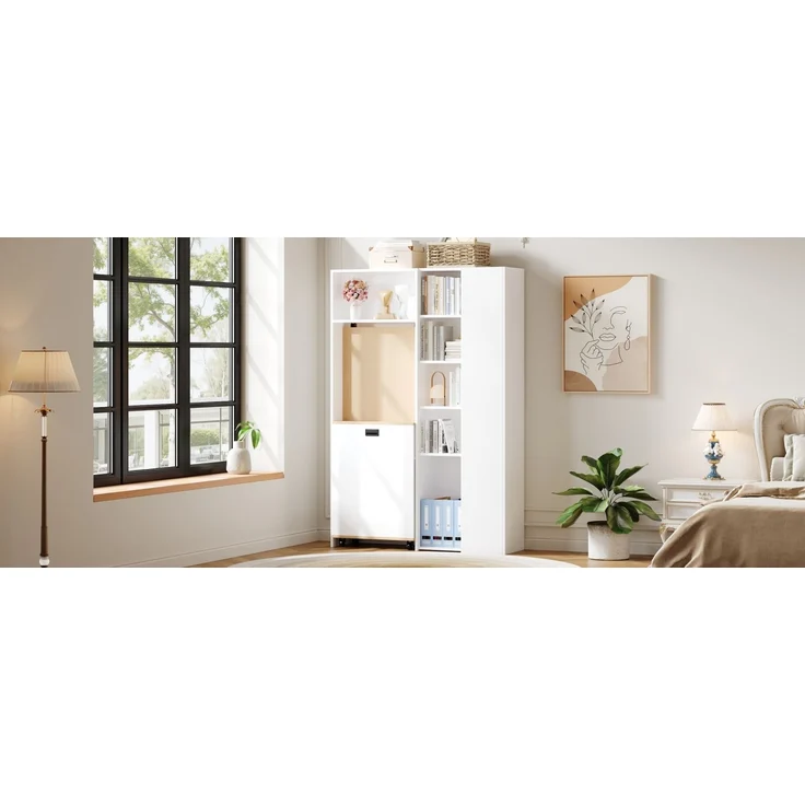 Klappbarer Schreibtisch 104,5 × 30,5 × 160 cm, 2-in-1 mit Bücherregal, EU-Steckdose & USB, 2 höhenverstellbaren Ablagen, PC-Fach, MDF, Weiß – Bild 22