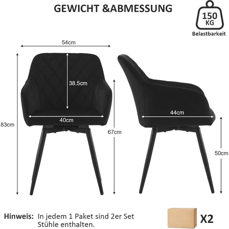 Esszimmerstühle drehbar Polsterstuhl Armlehnen 4er Set Samt Schwarz – Bild 3
