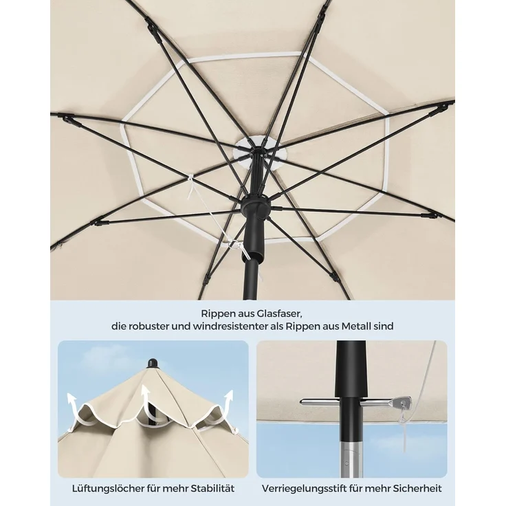 SONGMICS Sonnenschirm 160 cm, Sonnenschutz, UPF 50+, Strandschirm, beidseitig um 30° knickbar, höhenverstellbar, mit Tragetasche, für Balkon, Garten, Terrasse, Strand, ohne Ständer, beige GPU60WTV1 – Bild 6