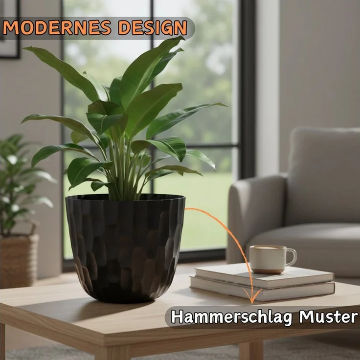 Engelland Blumentopf Pflanztopf mit Untersetzer & Bewässerungssystem (Vorteils-Set, 1 St, robuster PP-Kunststoff), Übertopf, Hammerschlag-Optik, Innen- & Außen, Wasserspeicher, rund – Bild 2