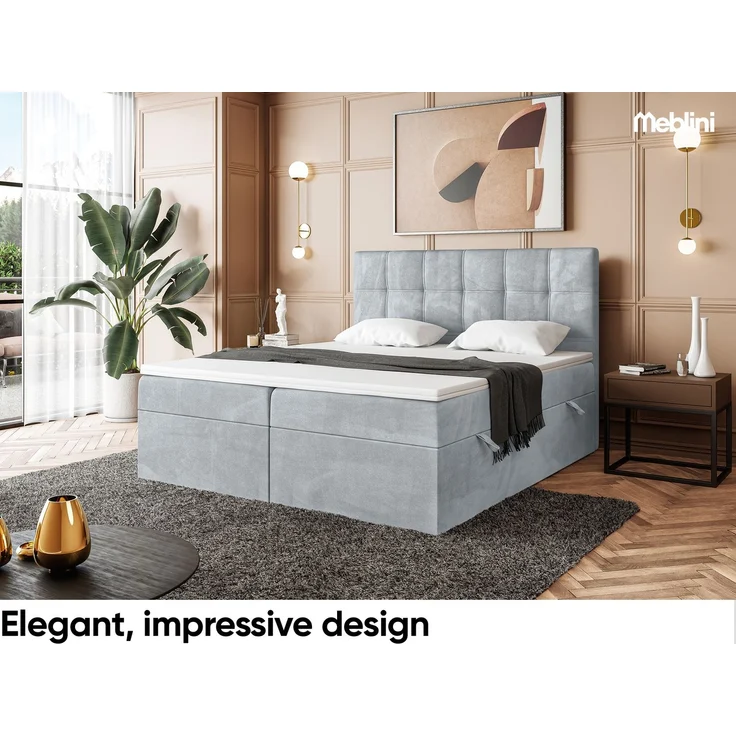 MEBLINI Boxspringbett KAI 140x200cm - H3/Hellgrau Samt - mit Bettkasten - Gepolstert Doppelbett mit Matratze und Topper - Polsterbett mit Stauraum - Bett mit Kopfteil – Bild 3
