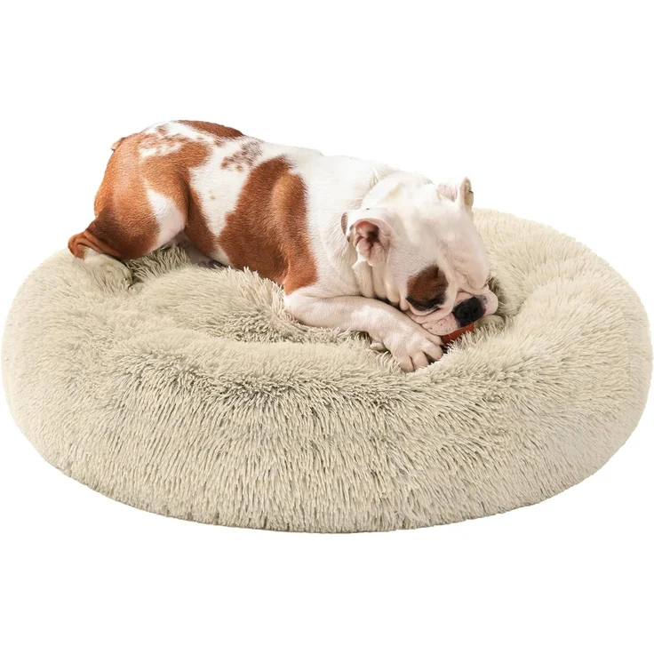 Feandrea Hundebett flauschig, Katzenbett, Donut Kissen, waschbar, Polsterung in der Mitte herausnehmbar, Langer Plüsch, 80 cm Durchmesser, Ombré-Khaki PGW040S01