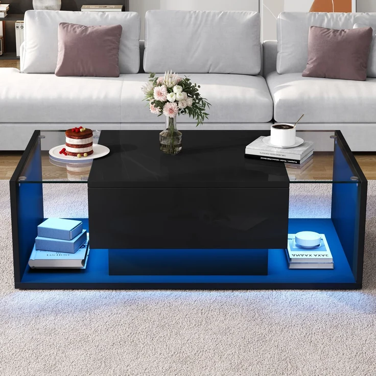 Quadratischer Couchtisch 100 x 50 x 31 cm, Hochglanz schwarz, gehärtetes Glas, 1 Schublade, halboffener Stauraum,mit LED-Lichtleiste – Bild 3