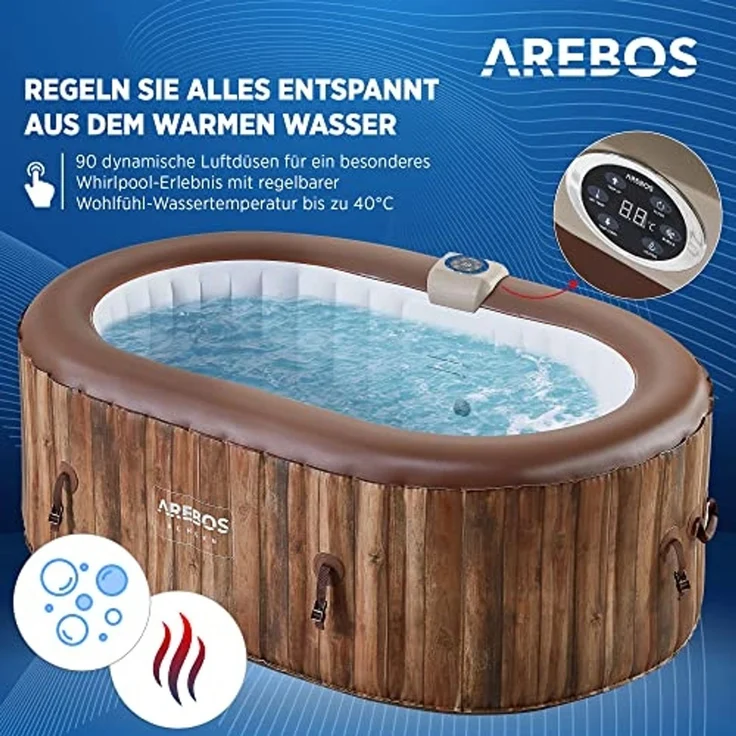 Arebos Whirlpool BERGEN aufblasbar für 2 Personen mit 90 Massagedüsen, (Komplett-Set, 190 x 120 cm), für Outdoor & Indoor – Bild 3