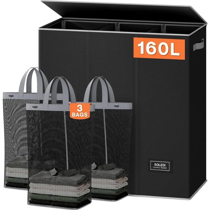 SOLEDI 160L Wäschekorb XXL mit Deckel und 3 Wäschesack