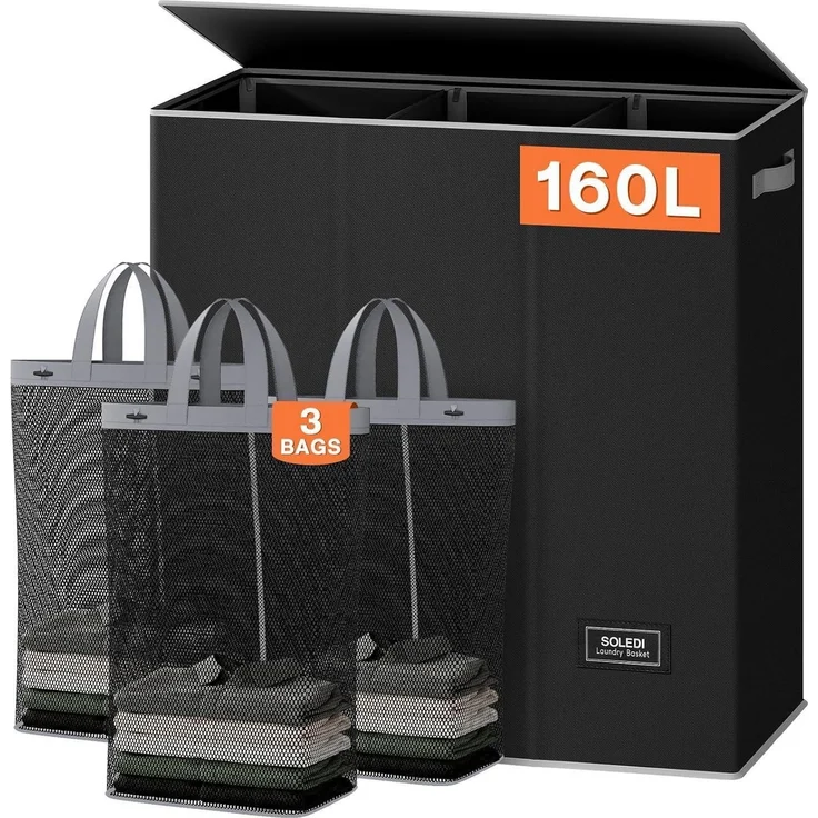 SOLEDI 160L Wäschekorb XXL mit Deckel und 3 Wäschesack – Bild 1