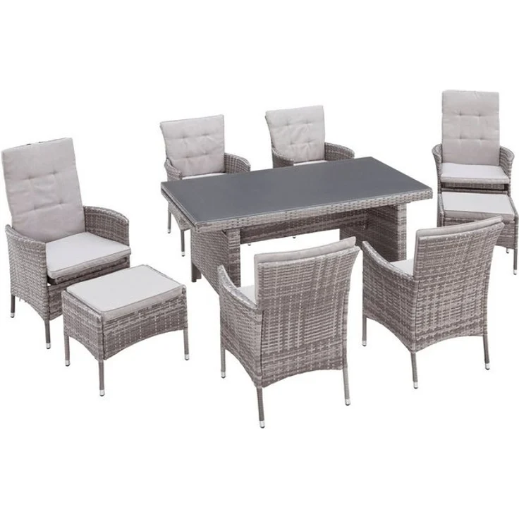 KONIFERA Garten-Essgruppe Parla, (Set, 21-tlg, 6xSessel, 1x AZ-Tisch 150-242,5cm,2x Hocker,inkl. Auflagen, Polyrattan), 2 der 6 Sessel sind verstellbar, Grau, Tischplatte aus Sicherheitsglas – Bild 4