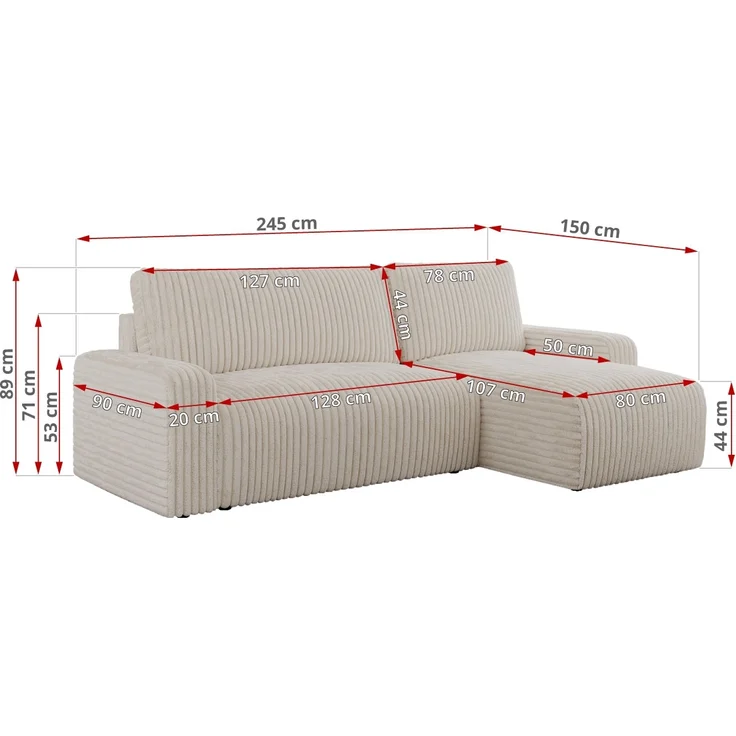 Ecksofa L-form, mit Schlaffunktion und Bettkasten - ARGOS, Beige, Cord – Bild 6