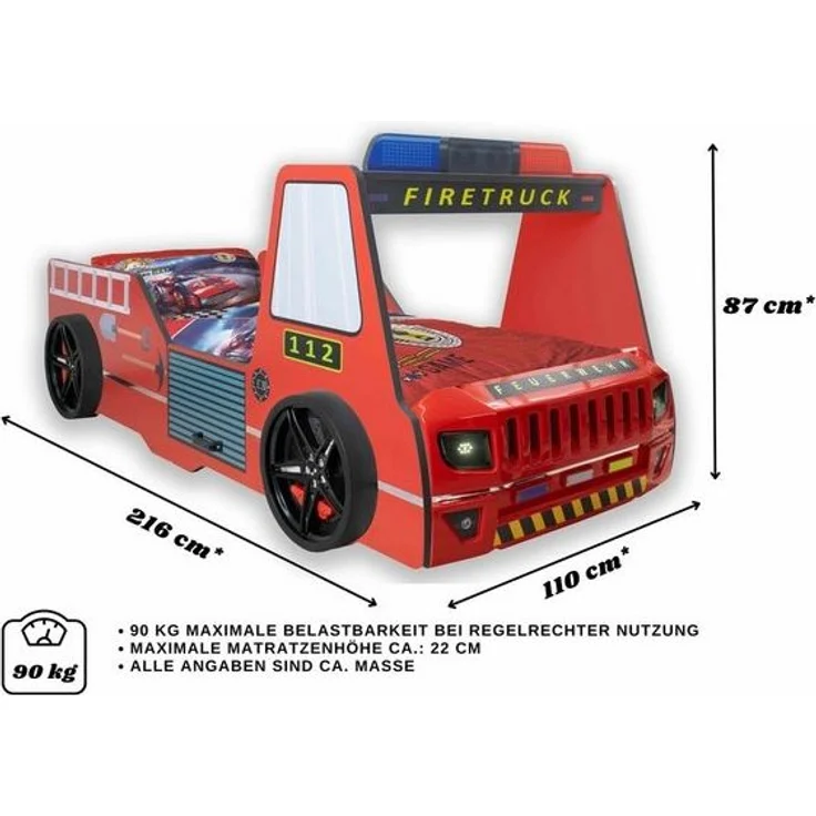 Autobett Kinderbett 90x200 Feuerwehrbett "Rio Firetruck" Hochglanz mit LED Leuchte Rot – Bild 4
