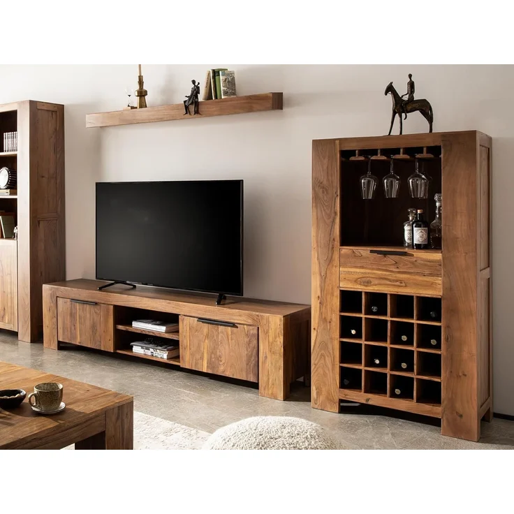 Highboard Osbon aus Massivholz mit Flaschenregal, Glasaufhängung und Schublade – Weinschrank für Wohnzimmer, Küche oder Hausbar – Bild 2