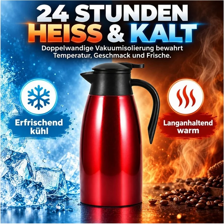 LEMLIT Isolierkanne 2,1 L Thermoskanne 304 Edelstahl, Vakuumisoliert, Auslaufsicher, 2.1 l, (1er Set, 1-St, Doppelwandige Vakuumisolierung), 24 Std. Warmhaltung, Für Kaffee, Tee, Milch Und Kaltgetränke – Bild 3