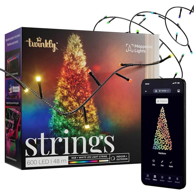 Twinkly Strings - LED-Lichterketten mit 600 RGB + reinen warmweißen LEDs - Weihnachtsbeleuchtung für Drinnen und Draußen - App-gesteuerte Weihnachtsdeko, schwarzer Draht, 48m
