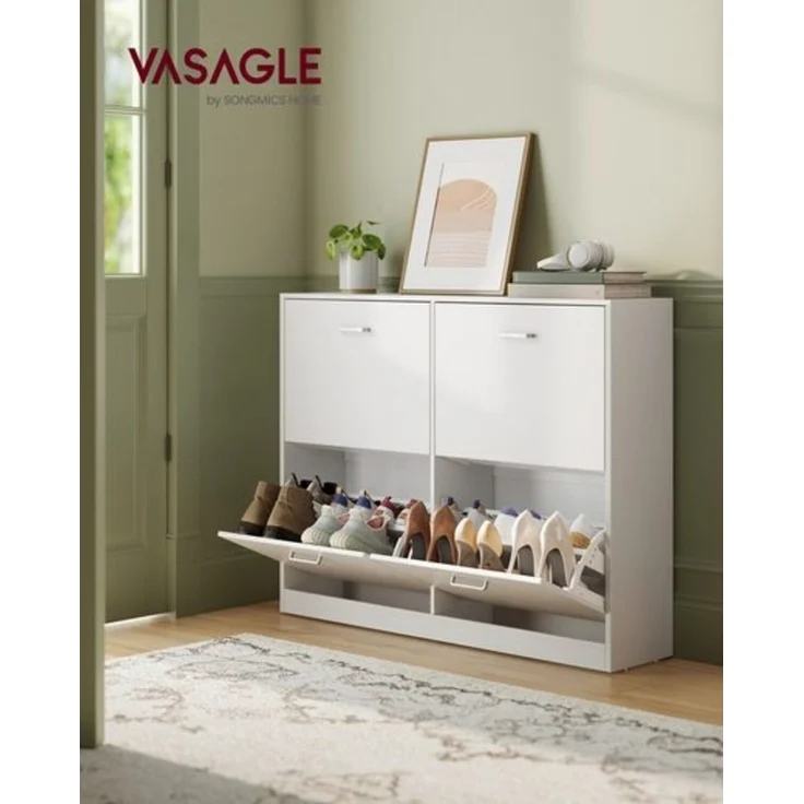 VASAGLE Schuhschrank 4 Klappen, Schuhkipper, Schuhregal, Schuhaufbewahrung, Trennwand verstellbar, für 16-28 Paar Schuhe, Flur, 24 x 105,5 x 82,7 cm, schneeweiß LBCDE035W01 – Bild 2