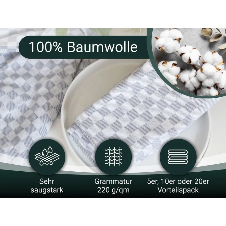 ZOLLNER 5er Set Geschirrtücher, 100% Baumwolle, 46x70 cm, saugstark, anthrazit kariert – Bild 2