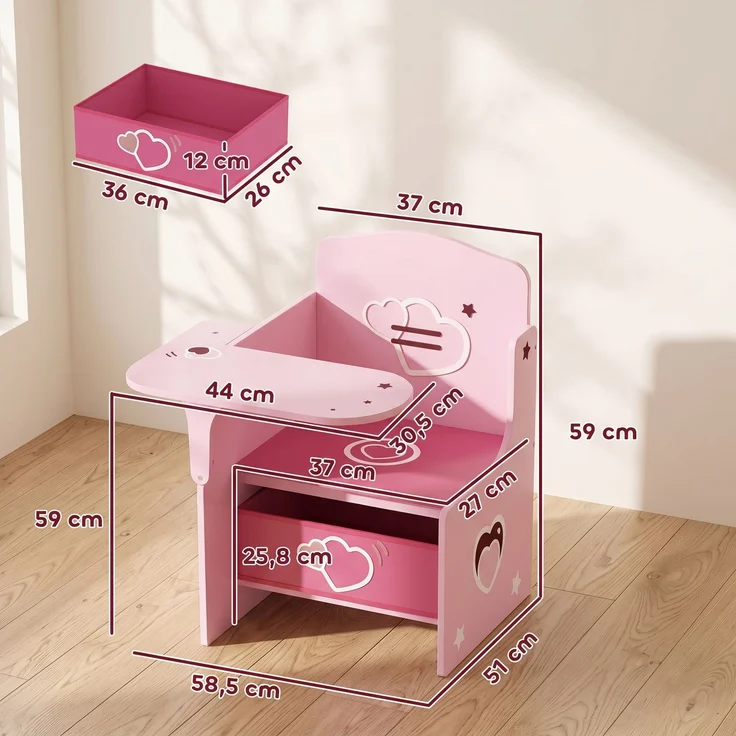 MELAYR, Kindertisch mit Stuhl 2-in-1 Integrierte Kindersitzgruppe mit Stauraum Platzsparend für, 58.5 x 51 x 59 cm, Rosa – Bild 5