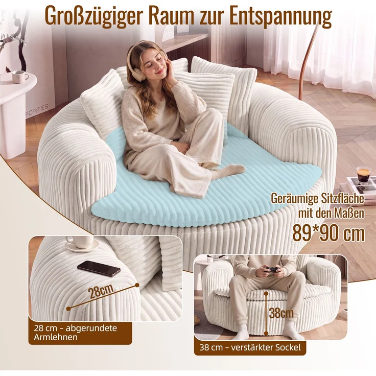 Abrihome Sitzsack mit Armlehnen und Rückenkissen, Beige, 145x133x59 cm – Bild 5