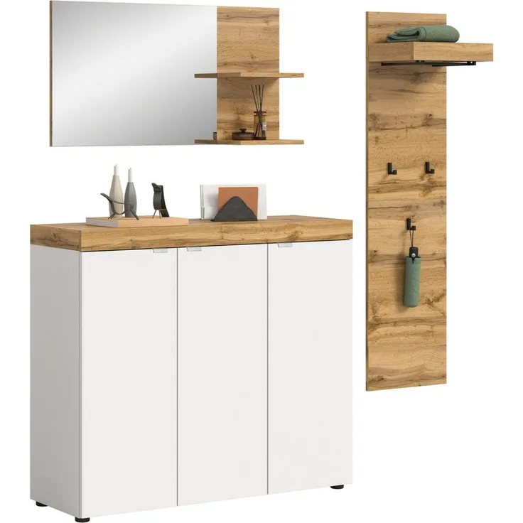 OTTO home Garderoben-Set MAMBO II, 3-teilig, hängend oder stehend montierbar, (3-St, bestehend aus: Schuhschrank, Spiegel & Garderobenpaneel), Garderoben-Kombi, Garderobe, Flur, Diele