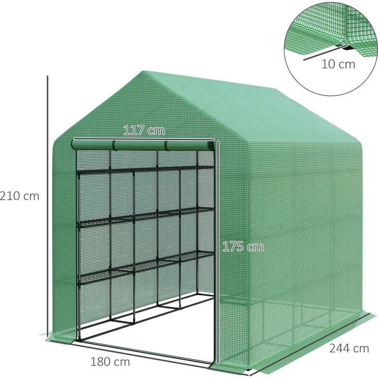 Wohnora-Foliengewächshaus Begehbares Treibhaus mit 8 Regalebenen, Tomatengewächshaus mit Tür, grün, aus Stahl & PE-Kunststoff,H 210cm x T 244cm x B 180cm – Bild 1