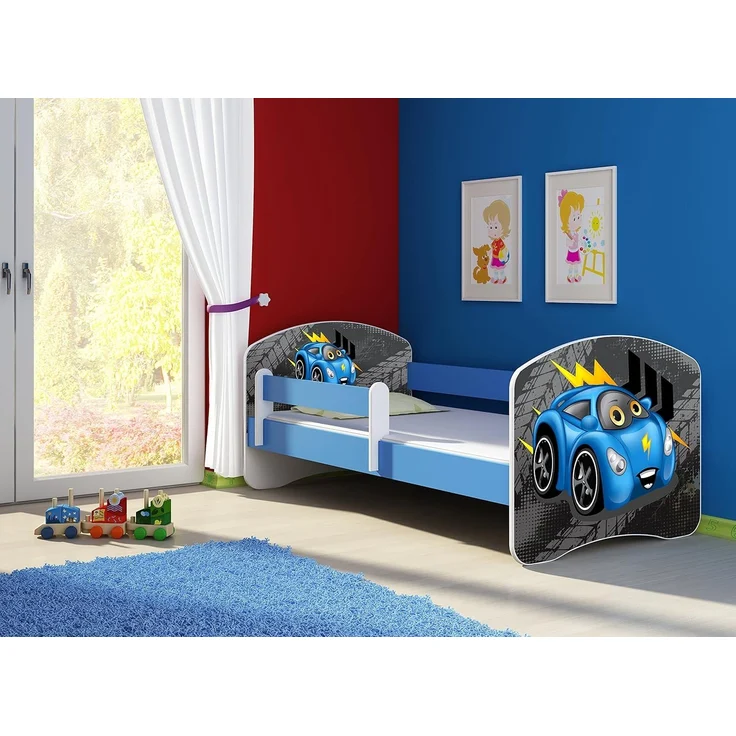 ACMA Kinderbett Jugendbett mit Einer Schublade und Matratze Blau mit Rausfallschutz Lattenrost II 140x70 160x80 180x80 (04 Blaue Auto, 180x80) – Bild 2