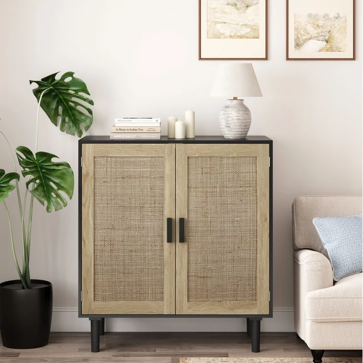 DESVIAE Sideboard mit Rattantüren 80x88x40 cm MDF Schwarz – Bild 3