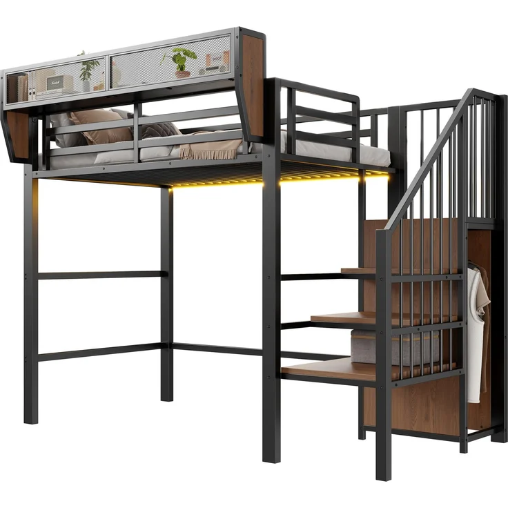 ZUBALIYA Hochbett 90 × 200 cm, Metall, LED-Beleuchtung, Leiter, Schwarz – Bild 9