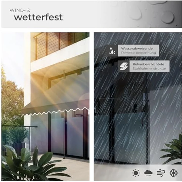 tectake® Klemmmarkise mit Handkurbel, Balkon Markise ohne Bohren, Markise höhenverstellbar, UV-beständig, wasserabweisend, Terrassenüberdachung, Sonnenschutz Terrasse & Balkon, 300 cm - schwarz/grau – Bild 5