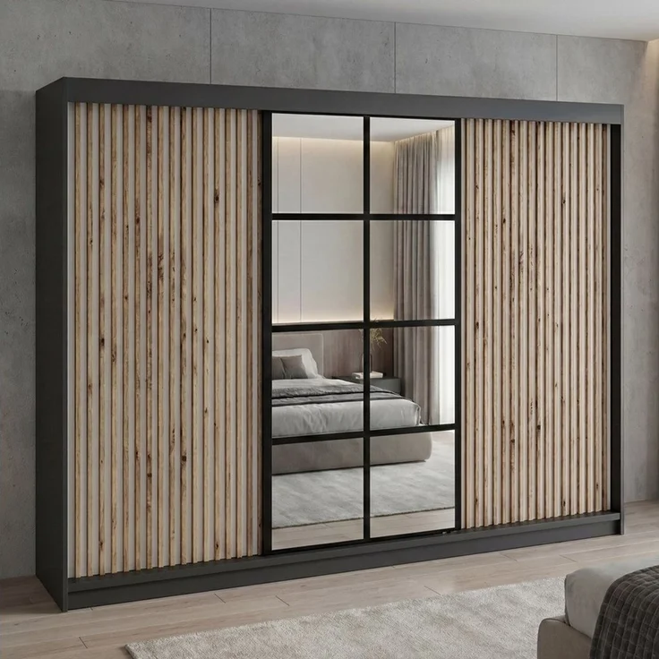 A&J MöbelLand 'NORIVO' Schwebetürenschrank, 200 cm, mit Spiegel und 3D-Lamellen, Schwarz, Lamellen: Weiß, Premium + – Bild 2