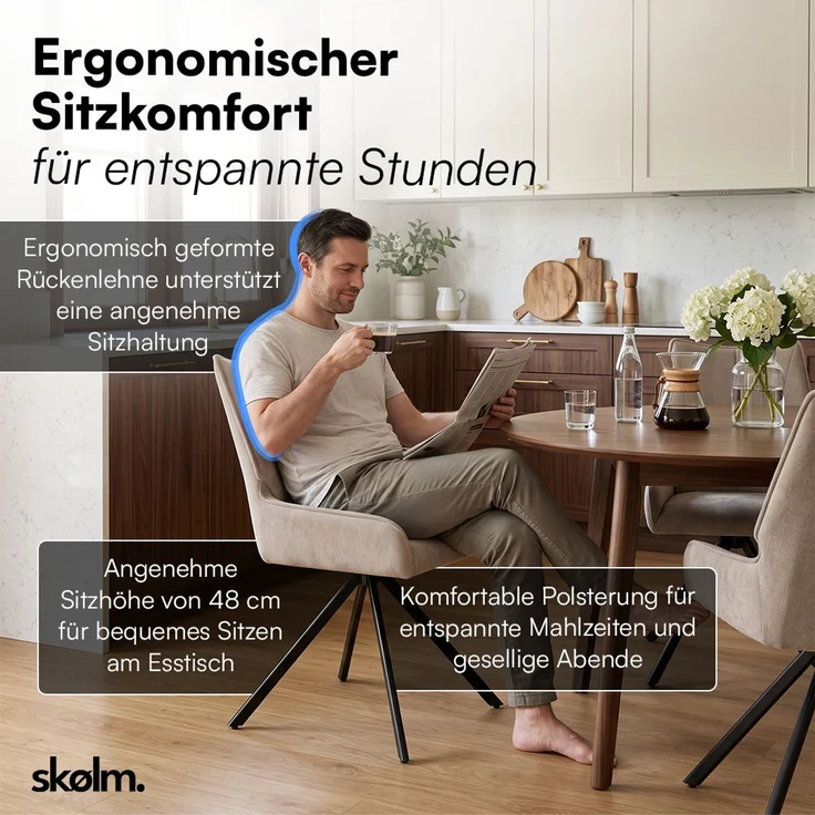skølm 'Freyja' Esszimmerstühle, 2er Set, hellbraun, gepolsterter Leinenbezug, höhenverstellbar & drehbar, Polsterstühle mit Armlehnen – Bild 7