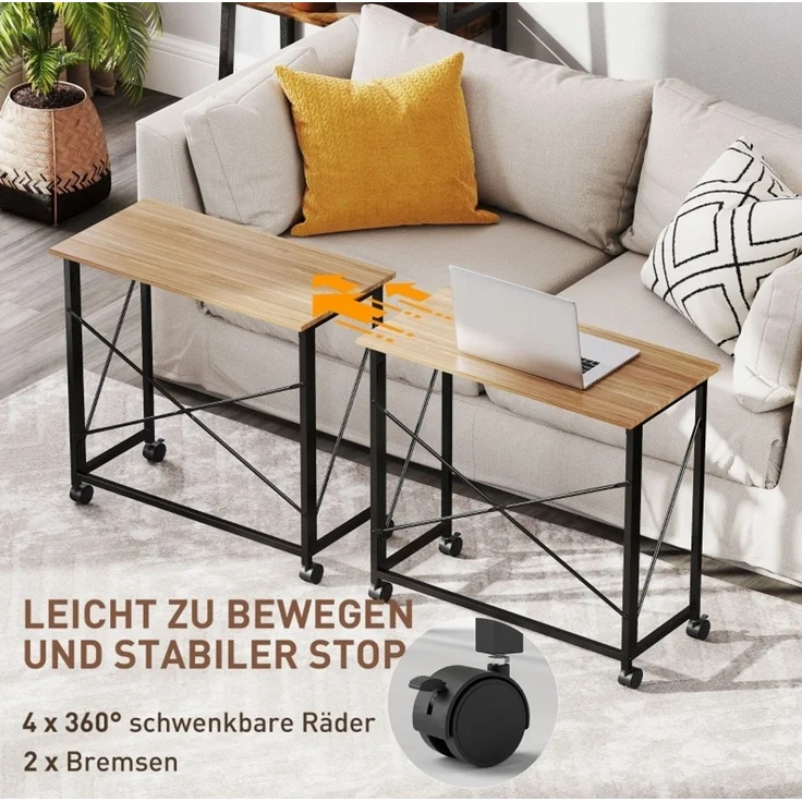 Klappbarer Schreibtisch mit 4 Rollen und Stahlrahmen aus MDF, 80x40x75 cm, Eiche – Bild 5