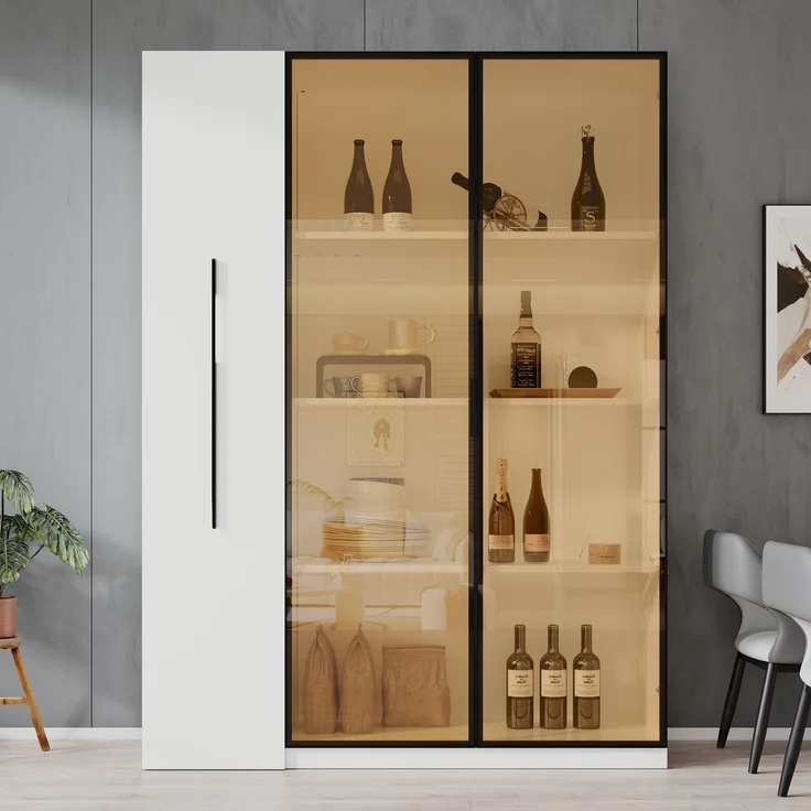 Multifunktionsschrank 110,5×35×160 cm - Vitrine mit Glastür und LED, Seitenauszug, Rollschrank – Hochschrank im französischen Stil, Bücherregal,Vitrine, Badezimmerschrank, Esszimmerschrank--Weiß--170.99x50.5x10.01cm--YOUDENOVA – Bild 4