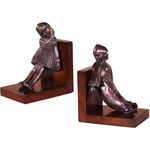 Casa Padrino Luxus Buchstützen Set Mädchen & Clown Bronze / Braun 14 x 10 x H. 17 cm - Deko Bronzefiguren mit Holzsockel