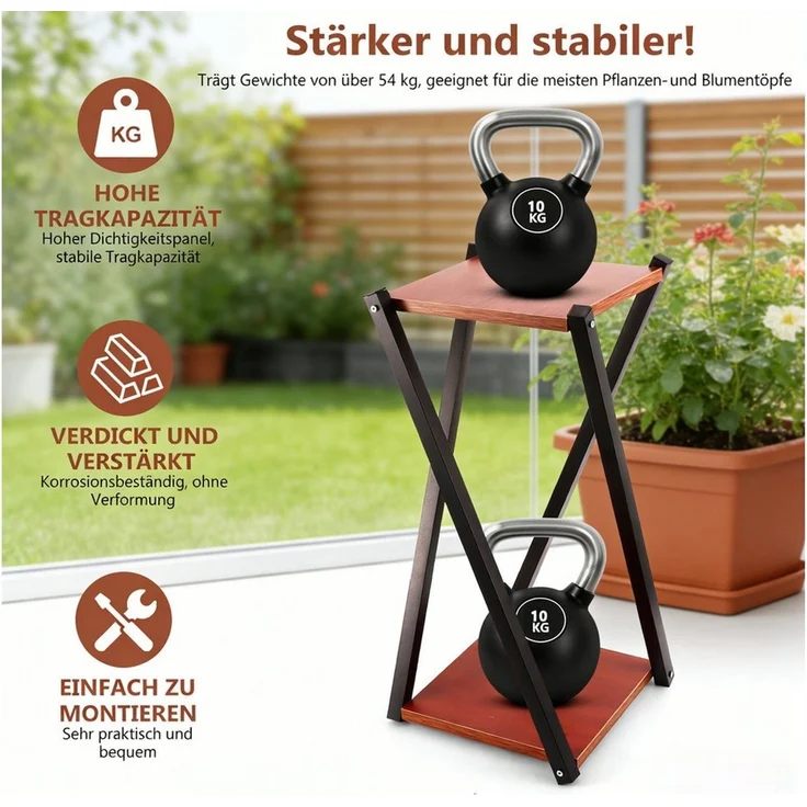 BlingBin Blumenhocker Blumenständer 2 Ebenen, Pflanzenständer aus Metall mit Holzoptik (2er Set, 2 St, Pflanzenregal), Stabiler Blumentopf Ständer für Wohnzimmer,Schlafzimmer & kleine Räume – Bild 3