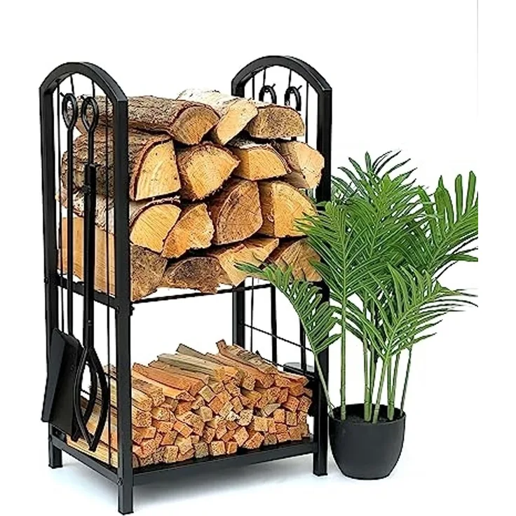 DanDiBo Kaminholzregal Innen Metall Schwarz 72 cm Kaminholzständer mit Kaminbesteck 96431 Kaminholzwagen Kaminholzhalter