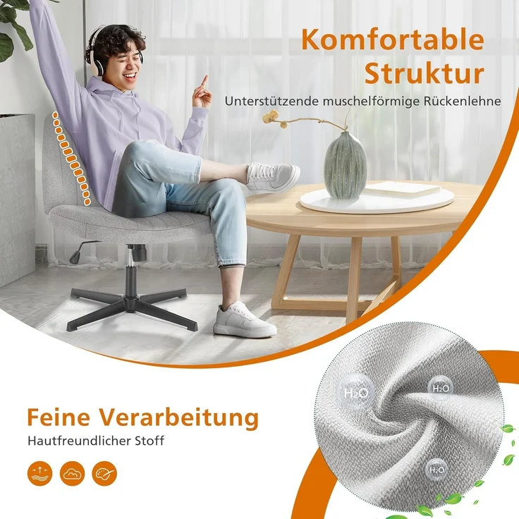 Sweetcrispy Bürostuhl Ohne Armlehnen, Schreibtischstuhl mit Stoffbezug, Lesesessel mit Breiterem Polster zum Sitzen im Schneidersitz Stuhl, Höhenverstellbar, 360° Drehstuhl für Haus, Grau – Bild 4