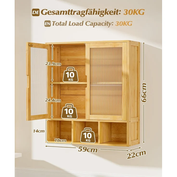 Yorbay Hängeschrank Bambus Badezimmerschrank (59x22x66 cm, Magnetverschluss & verstellbare Regale) Wandschrank mit Doppeltüren – Bild 3