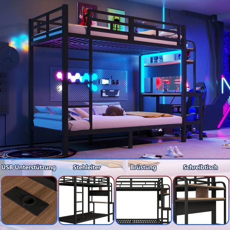 Etagenbett, 90x200 cm, Eisenrahmen, Ablagefach, Schreibtisch, mit LED-Lichtleiste, USB-Anschluss, Sicherheitsgeländer, Leiter, ohne Matratze, schwarz – Bild 5