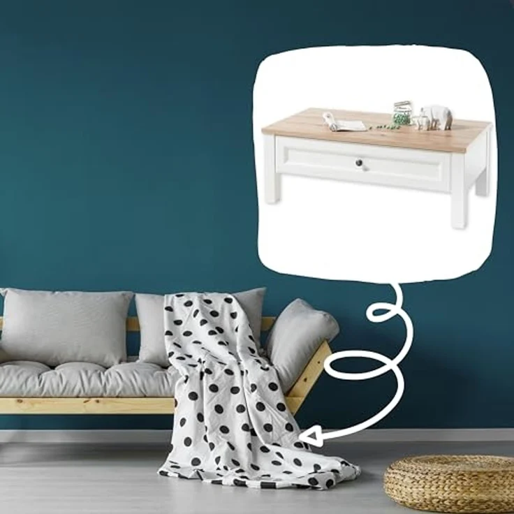 Stella Trading TOSKANA Couchtisch in Artisan Eiche Optik, Weiß - Sofatisch im Landhausstil mit Schublade für Ihr Wohnzimmer - 110 x 41 x 60 cm (B/H/T) – Bild 3