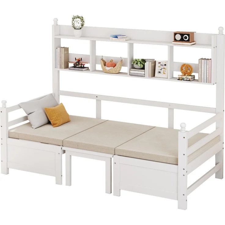 Merax Daybett Multifunktionales Massivholz Schlafsofa 200x90 cm, 2-in-1 Bett und Schreibtisch, Frei Umbaubar, Mit Bücherregal Zur Aufbewahrung, Mit Bequemen Kissen, Gästebett Einzelholzbett, Weiß – Bild 10