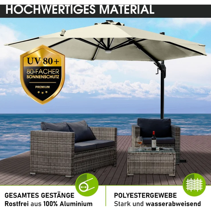 BRAST Alu Sonnenschirm Ampelschirm Ø360cm Beige + LEDs Windsicherung & Schützhülle UV-Schutz 80+ wasserabweisend mit Kurbelvorrichtung drehbar schwenkbar & höhenverstellbar – Bild 3