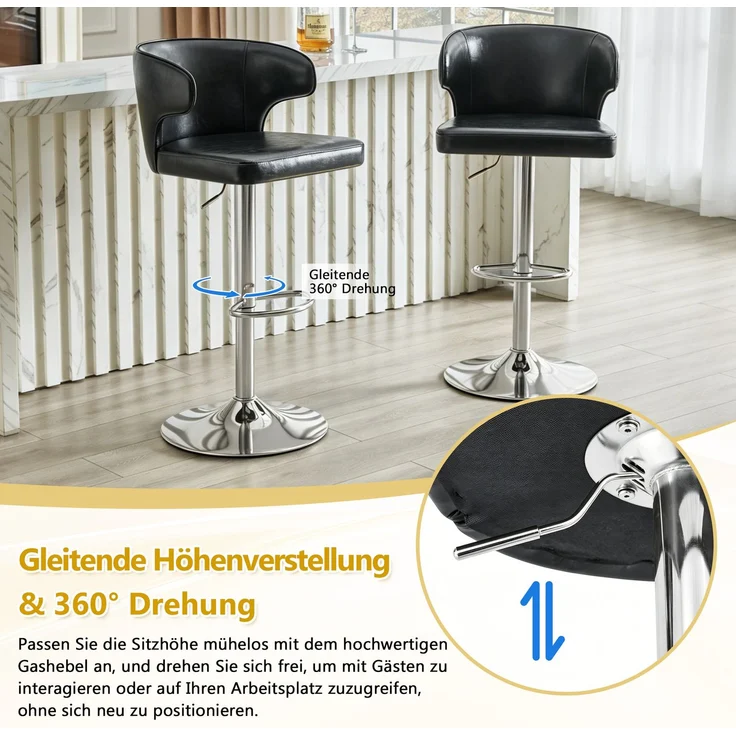 2er Set Barhocker mit Lehne Höhenverstellbar, 360° Drehbar Barstuhl mit Großem Sockel & Fußstütze, Modern Küchenhocker für Bar Küche Theke (Nur Stühle)--Schwarz1--49.7x45x110cm--YOUDENOVA – Bild 4