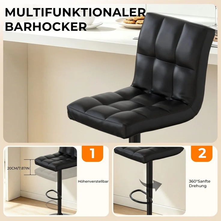 Botifly 2er Set Barhocker Schwarz Kunstleder, Höhenverstellbar 60-80cm, 360° Drehbare Barstühle mit Fußstütze, SGS-zertifizierte Gasdruckfeder, für Küche, Bar & Theke – Bild 7