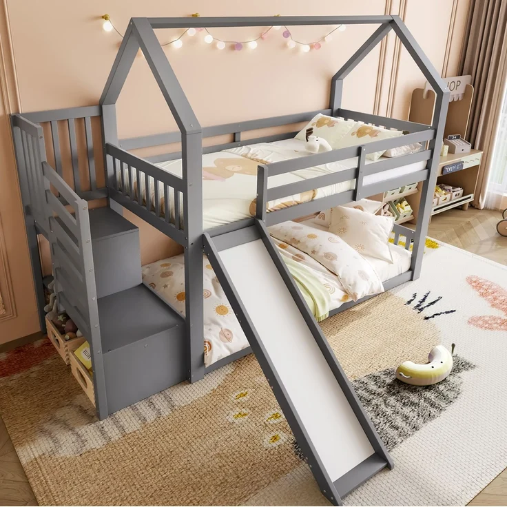 CHICFURN Etagenbett aus Kiefernholz und MDF Grau 90x200 cm mit Rutsche und Stauraumtreppe – Bild 8