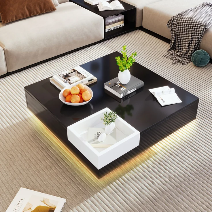 Merax Couchtisch, Hochglanz-Wohnzimmertisch, Beistelltisch mit abnehmbarer Aufbewahrungsbox, Farbblockweiß und Schwarz, 72*72*30 cm, Mit LED-Lichteffekt – Bild 8