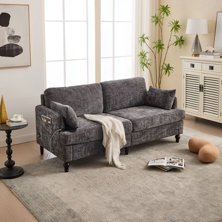 2-sitziges Chenille-Sofa mit USB-Ladeanschluss, LED-Licht und Aufbewahrungstasche in Grau – Bild 1